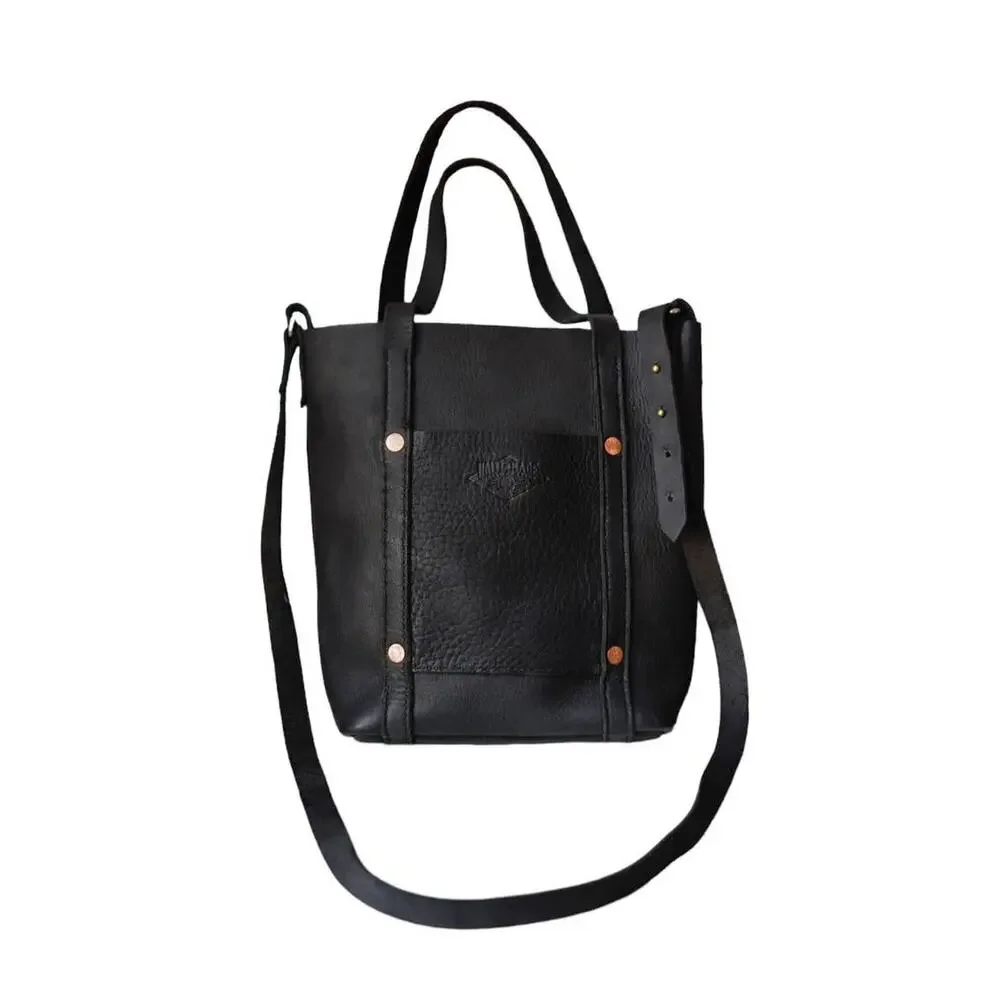 Haiti Made Mini Travay Upright Saddle Black Leather Tote Bag Purse Front Pocket